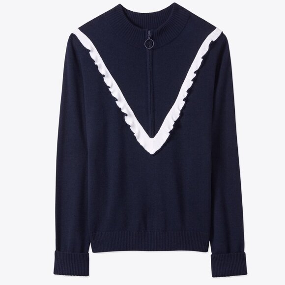 Tory Sport Sweaters - Tory Burch Sport Performance Cashmere Ruffle Half-Zip Sweater - Navy XL * read